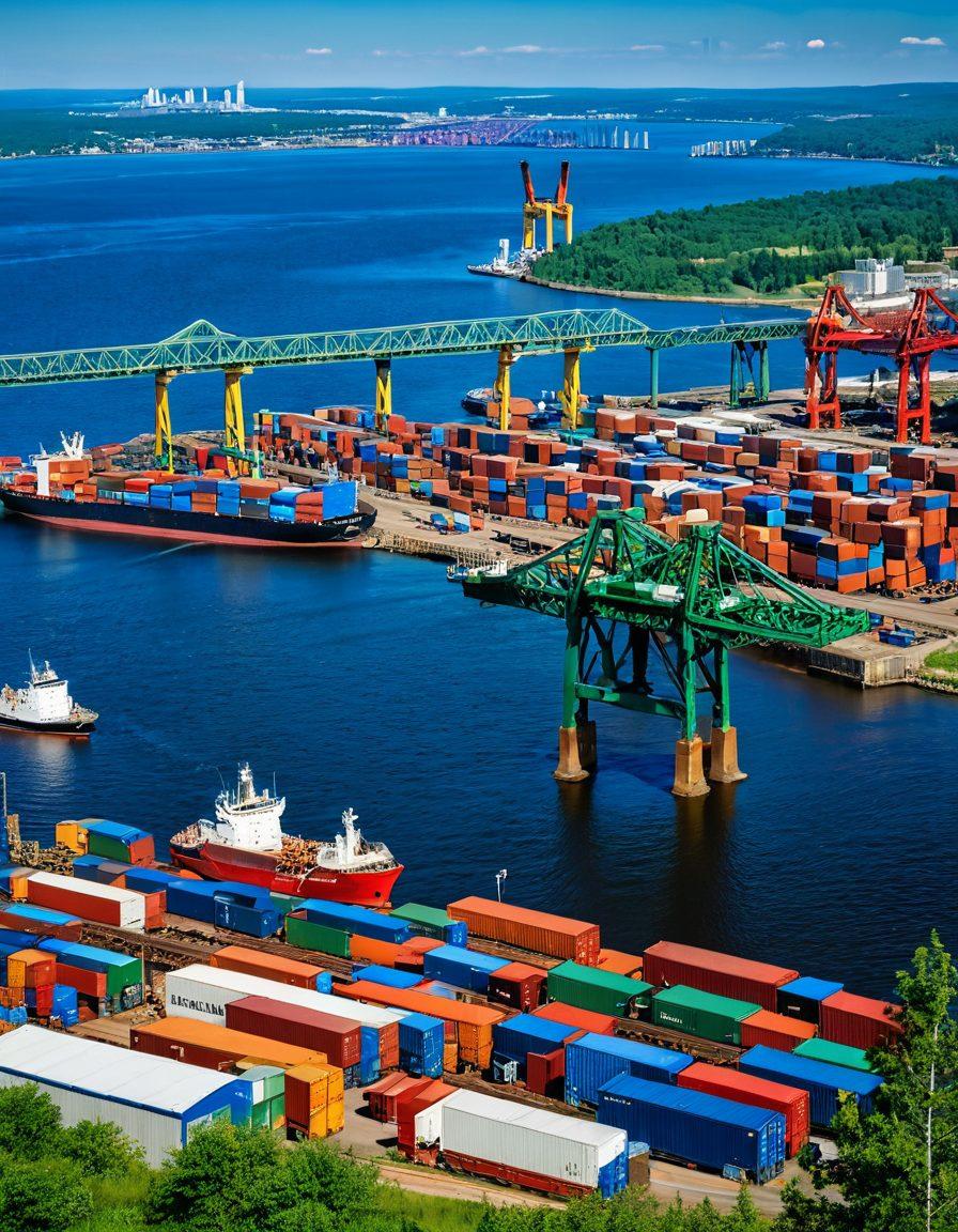A panoramic view of Duluth's bustling maritime landscape, featuring majestic ships being loaded with cargo at the harbor, surrounded by lush green hills. Include the iconic Aerial Lift Bridge and a clear blue sky in the background. Showcase the logistics of waterfront operations with cranes, trucks, and containers in vibrant colors. Capture a sense of movement and activity, reflecting the importance of this shipping hub. super-realistic. vibrant colors. dynamic composition.