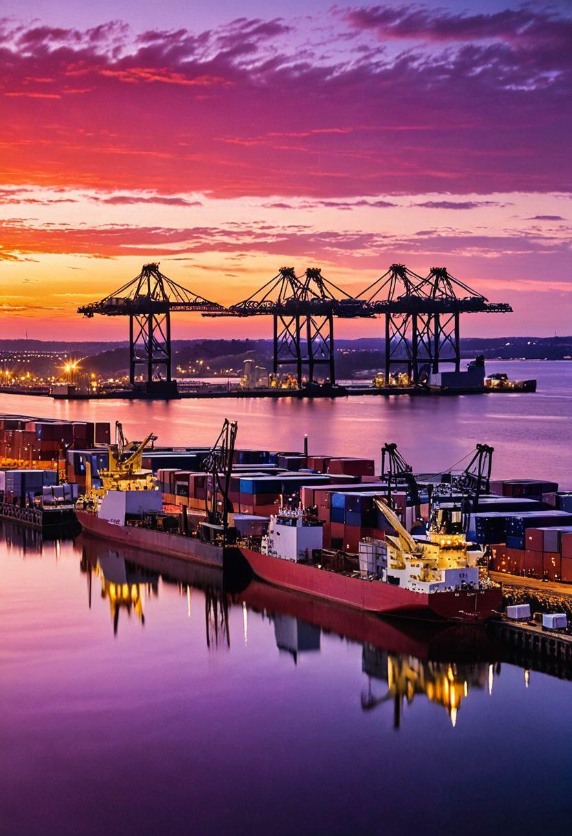 A panoramic view of Duluth's bustling harbor, showcasing large cargo ships being loaded with goods, vibrant sunset colors reflecting on the water. Include dock workers and cranes in action, with the iconic Aerial Lift Bridge in the background, symbolizing trade and connectivity. The scene should evoke a sense of movement and industry. super-realistic. vibrant colors. 3D.