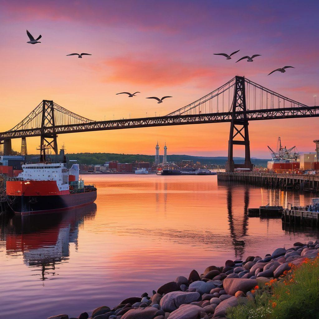 A scenic view of Duluth's bustling harbor, featuring cargo ships being loaded and unloaded, with the iconic Aerial Bridge in the background. Include seagulls soaring over the water and vibrant sunset colors reflecting on the lake. Display maritime updates and shipping icons subtly integrated into the scene. super-realistic. vibrant colors. dynamic composition.